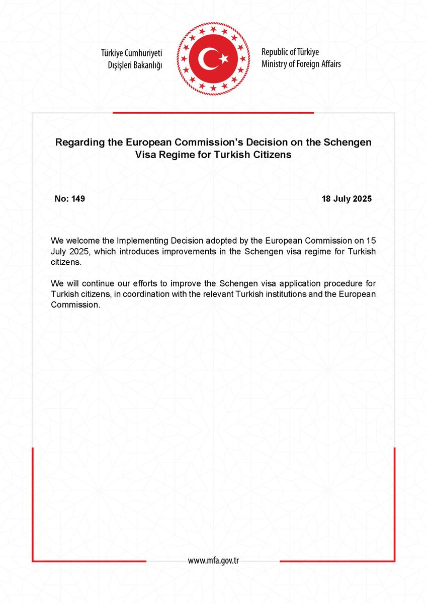 MFATurkiye's tweet image. Regarding the European Commission’s Decision on the Schengen Visa Regime for Turkish Citizens mfa.gov.tr/no_-149_-ab-ko…