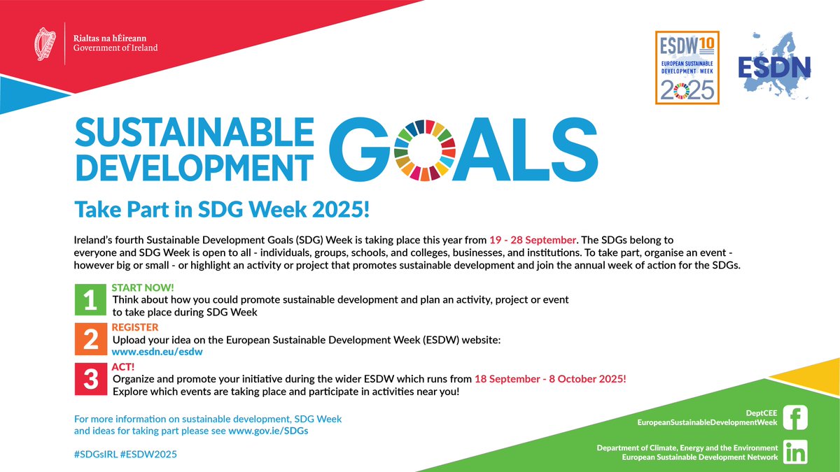 DeptCEE's tweet image. SDG Week is back! DCEE and @LibrariesIre will host Ireland’s fourth Sustainable Development Goals (SDG) week from 19-28 September as part of European Sustainable Development Week.
Register your event at esdn.eu/esdw
More at: gov.ie/sdgs/
#SDGsirl #ESDW2025