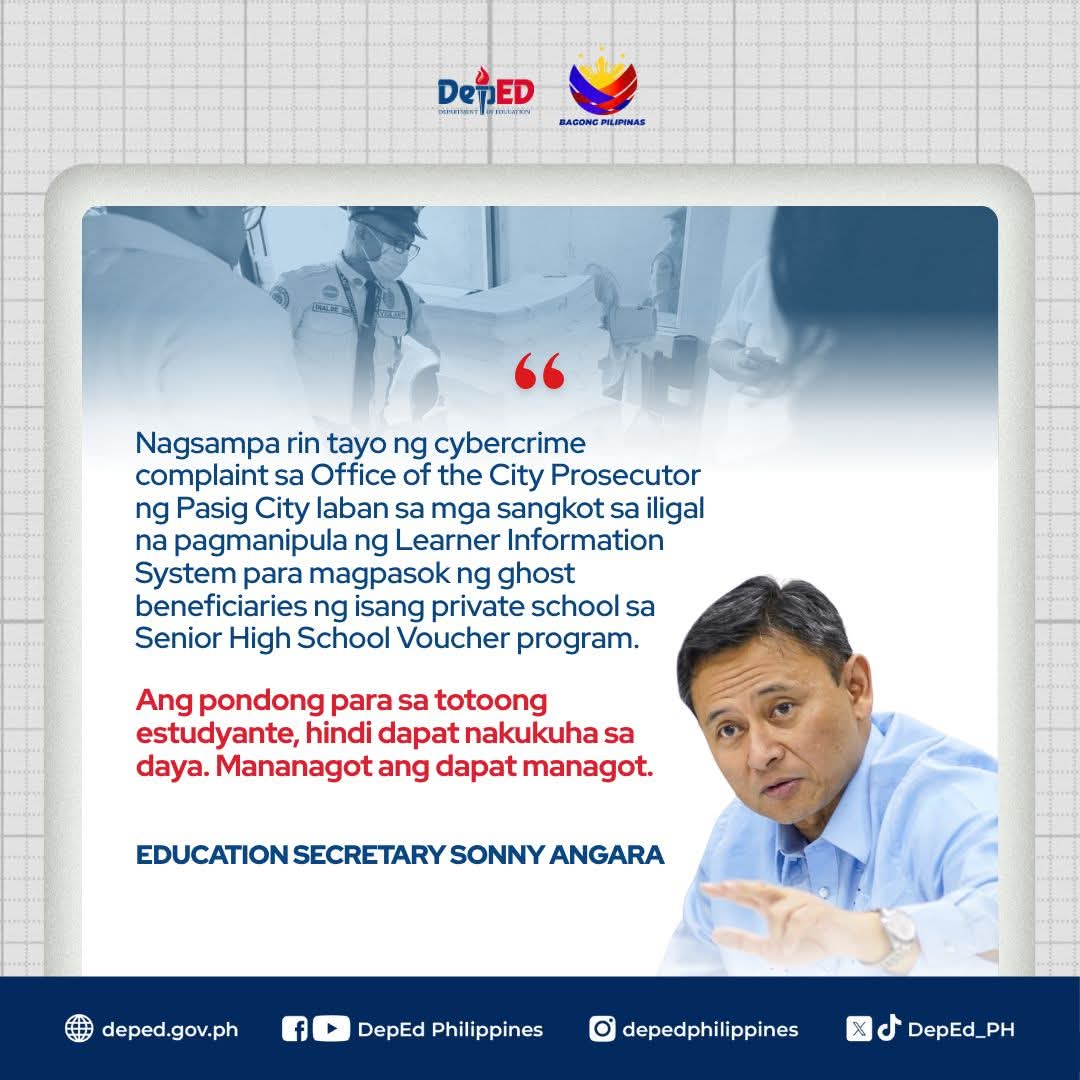 Nagsampa na ang DepEd ng cybercrime complaint laban sa mga illegal manipulator ng Learner Information System.

Sa ilalim ng pamumuno ni Sec. Sonny Angara, tinitiyak ng DepEd na mapananagot ang mga sangkot sa anomalyang ito. 

#DepEdPhilippines #BagongPilipinas