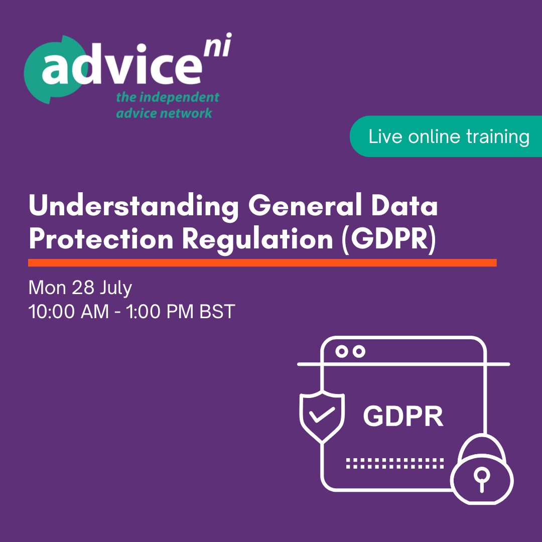 AdviceNI's tweet image. Live online training: Understanding General Data Protection Regulation (GDPR)
Mon 28 July 10:00 AM - 1:00 PM BST

Essential for those working in advice settings or anyone keen to deepen their GDPR knowledge.
Register here or at: adviceni.net/training/event…