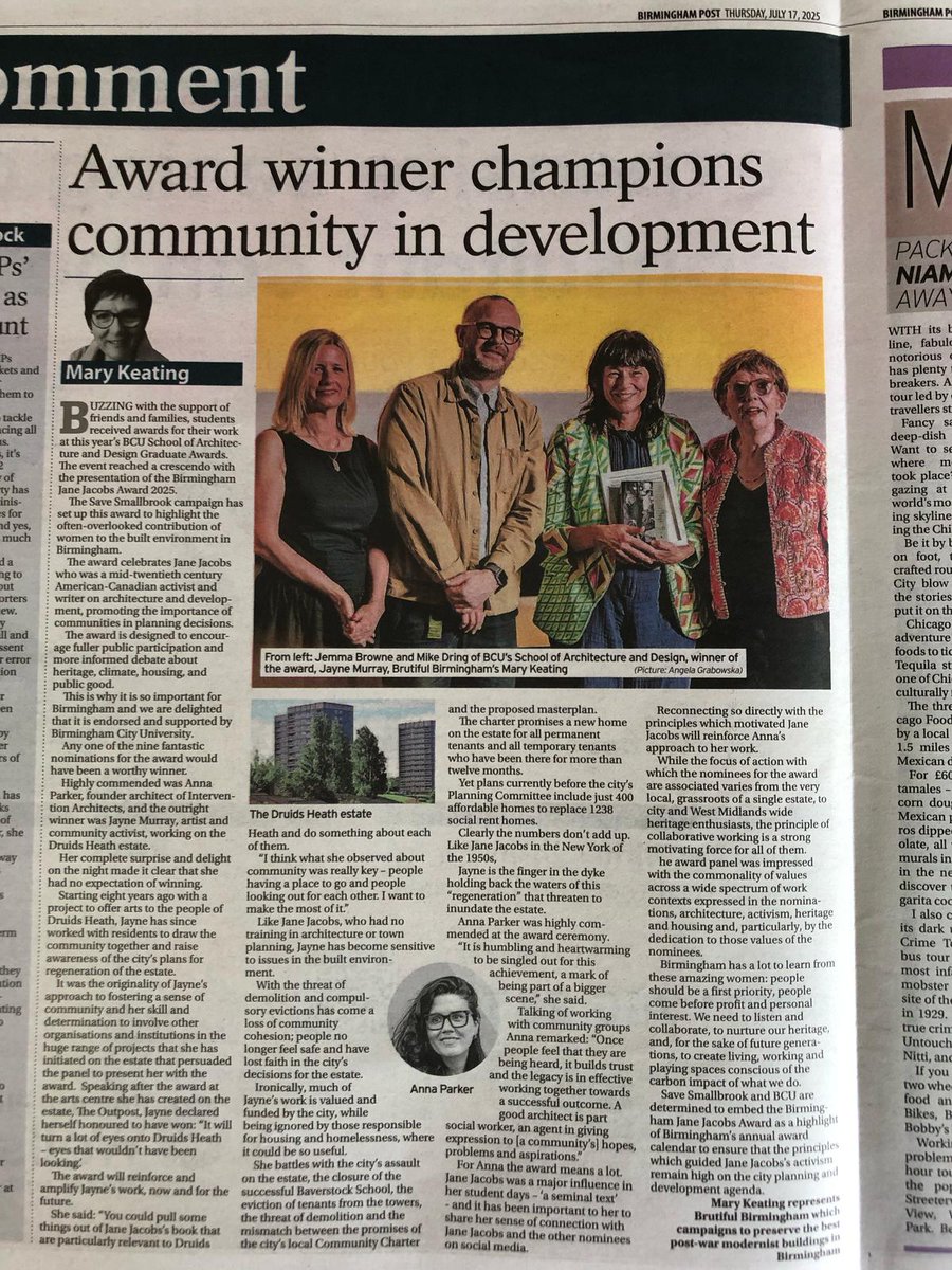 brutifulbrum's tweet image. "It was the originality of Jaynes approach to fostering a sense of community. ...that persuaded the panel to present her with the award"
Well done Jayne, Anna and all the fantastic women nominated for the 2025 Birmingham Jane Jacobs Award.