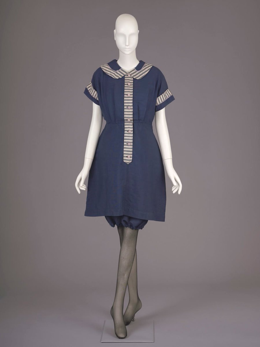 TheVFG's tweet image. In 1917, Mrs. Bonnie Rowe wore this wool bathing costume to the beach with a pair of black stockings and shoes. With the development of synthetic fibers such as nylon and polyester in the 1930s, wool was abandoned as a swimwear material. Maker unknown. Chicago History Museum.