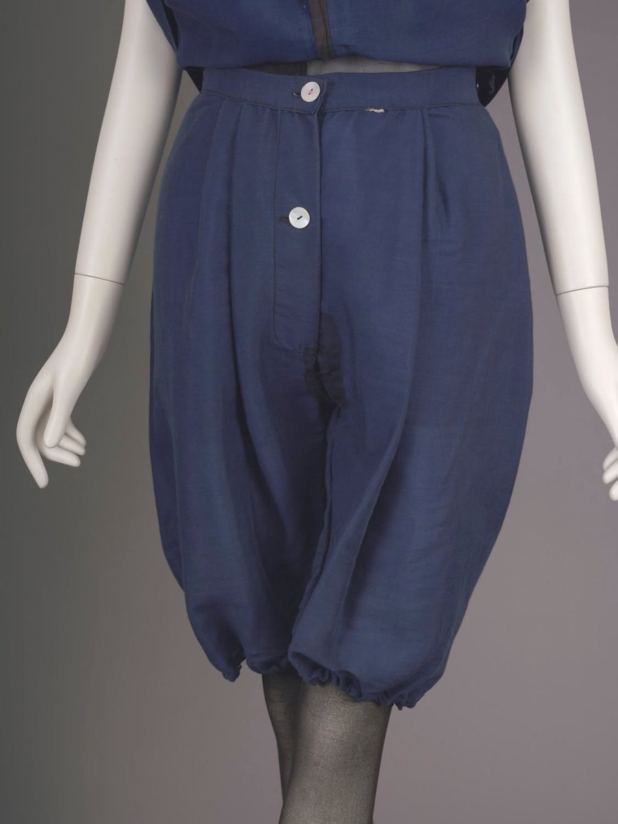 TheVFG's tweet image. In 1917, Mrs. Bonnie Rowe wore this wool bathing costume to the beach with a pair of black stockings and shoes. With the development of synthetic fibers such as nylon and polyester in the 1930s, wool was abandoned as a swimwear material. Maker unknown. Chicago History Museum.