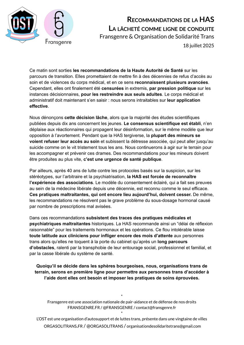 🏳️‍⚧️🖋️ Recommandations sur les parcours de transition de la HAS : <a href="/Fransgenre/">Fransgenre</a> et <a href="/OrgaSoliTrans/">Organisation de Solidarité Trans</a> publient un communiqué commun face à des recommandations nécessaires mais largement insuffisantes, rélèguant les mineurs comme un non-sujet. La lutte continue ! ✊💥