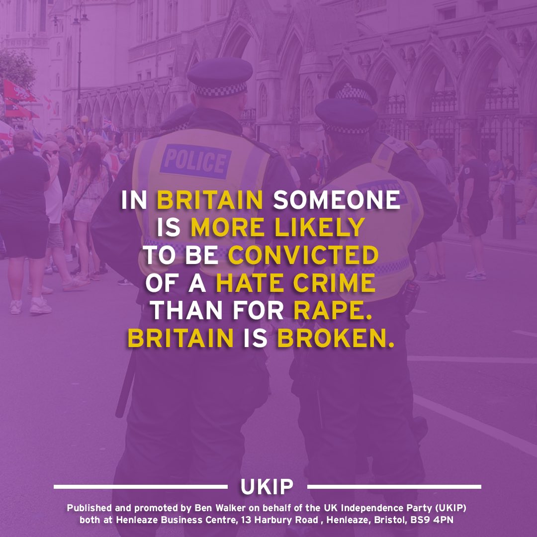 UKIP's tweet image. 81% of reported hate crimes result in a conviction, compared to a less than 1% conviction rate for reported rapes in Britain.
This is outrageous. No wonder migrants feel they can rape and pillage in Britain - there is no deterrent and no justice.