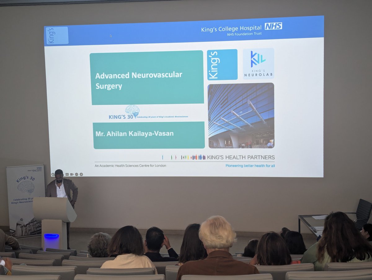KingsNeuroLab's tweet image. KNL co-lead and TPD Mr @AhilanKVasan speaking at the #Kings30 meeting on the @KingsNeuro way and the importance of training future neurovascular surgeons