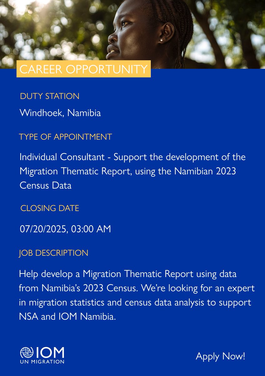 IOM_EHSA's tweet image. Consultancy Opportunity 🚨
IOM Namibia is hiring an Individual Consultant to develop a Migration Thematic Report using 2023 Census data.
🗓️Apply by 20 July 2025
📍Location: Windhoek, Namibia
Apply: bit.ly/45apmD5