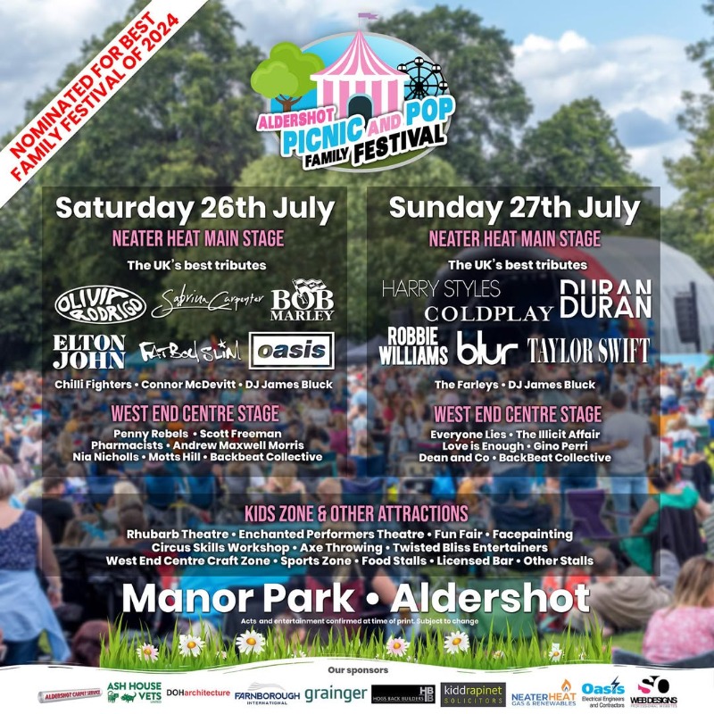 picnicandpop's tweet photo. Join the ultimate family festival at Picnic and Pop 2025 in Aldershot! Enjoy top UK tribute acts, local bands, funfair, and street food at Manor Park on July 26-27. Grab your tickets now for a weekend of music and memories!