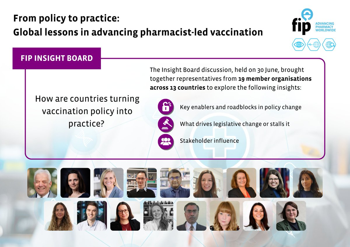 FIP_org's tweet image. FIP convened an insight board in June gathering global representatives across various stages of pharmacy-based vaccination (PBV) implementation. The session captured insights into legislative triggers, barriers, enabling factors & influential stakeholder dynamics in PBV.