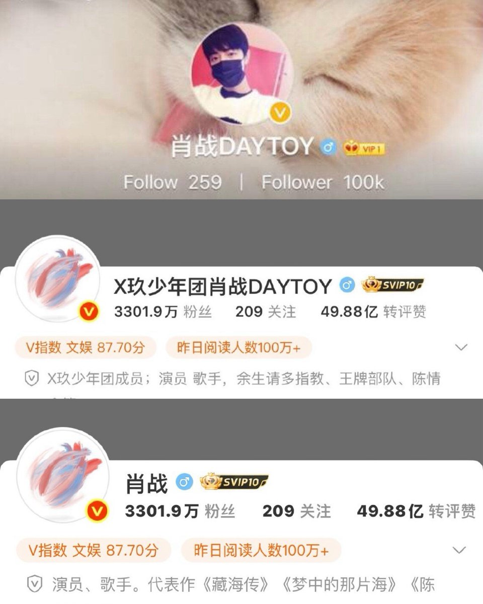 Xiao Zhan weibo name journey:

from 肖战DAYTOY, to X玖少年团肖战DAYTOY and finally to only 肖战 🥹

CONGRATULATIONS YOU ARE FREE NOW!!!