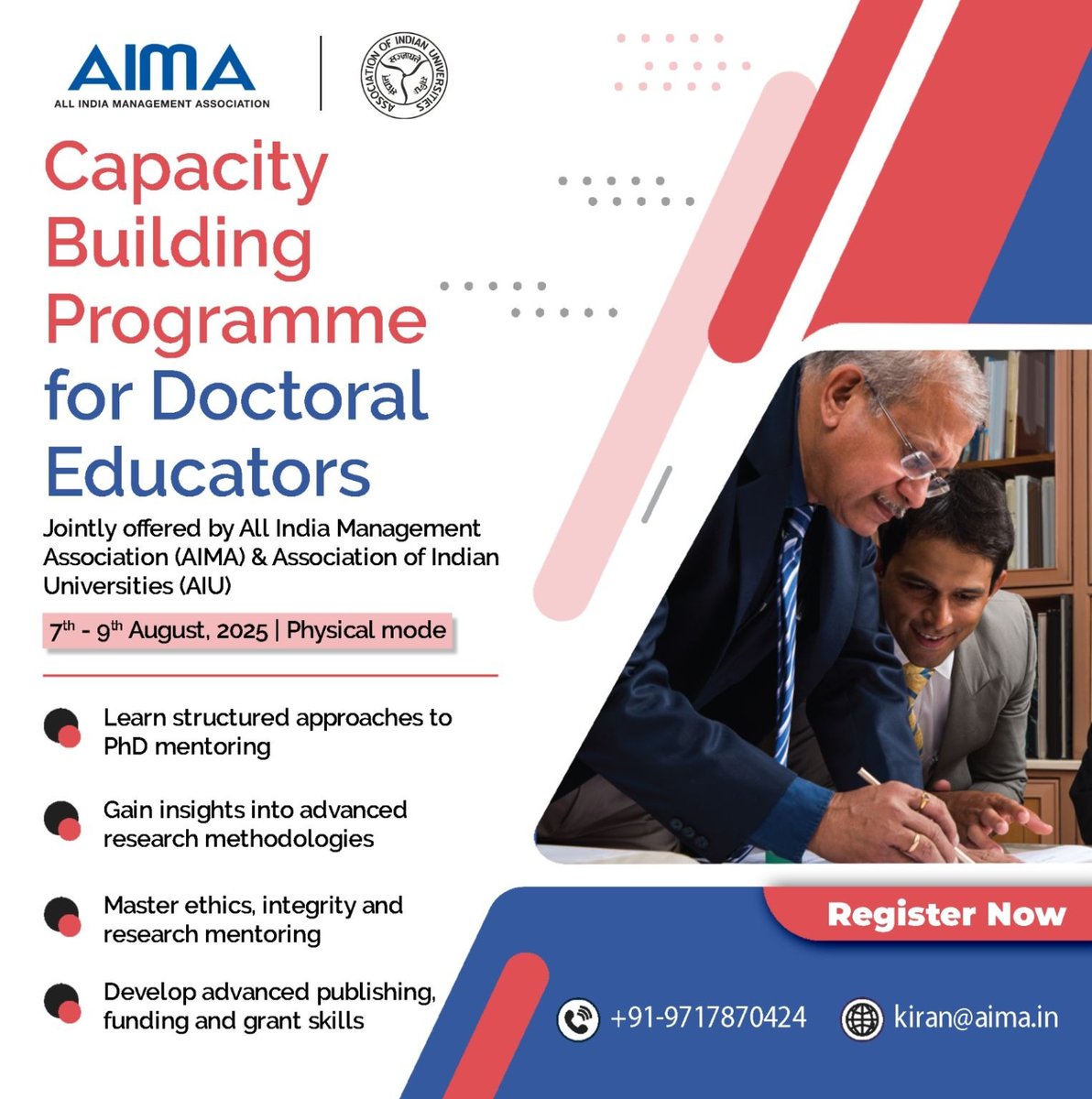 All India Management Association (@aimaindia) on Twitter photo AIMA, in collaboration with the <a href="/AIUIndia/">Association of Indian Universities (AIU)</a> , presents a 3-day residential Capacity Building Programme for Doctoral Educators, designed to strengthen PhD supervision and research mentoring in line with NEP 2020.
Led by leading scholars the programme blends theory with practical AIMA, in collaboration with the <a href="/AIUIndia/">Association of Indian Universities (AIU)</a> , presents a 3-day residential Capacity Building Programme for Doctoral Educators, designed to strengthen PhD supervision and research mentoring in line with NEP 2020.
Led by leading scholars the programme blends theory with practical