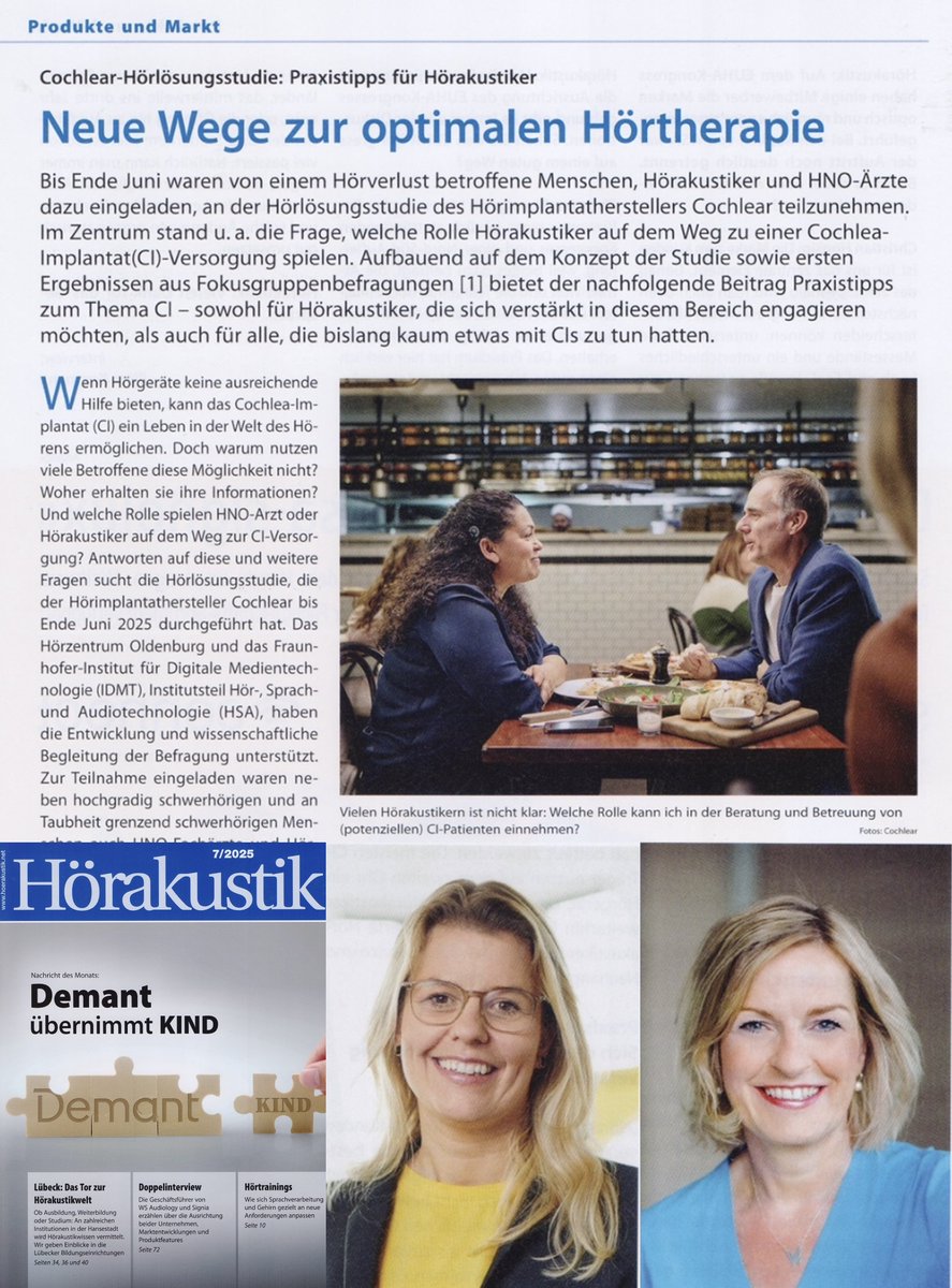 Schaarschmidts's tweet image. „Neue Wege zur optimalen Hörtherapie“ – Marina Papenhoff, Marketing-Direktorin von @CochlearDe, sowie Trainerin Dr. Birgitte Gabriel geben in der aktuellen „Hörakustik“ Praxistipps zum Thema CI für #Hörakustiker. #cochleaimplantat