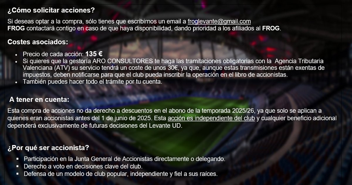 🚨ATENCIÓN🚨

🐸Hazte accionista del  LUD con el FROG🐸

Hemos conseguido un pack limitado de acciones particulares del <a href="/LevanteUD/">Levante UD</a> , para granotes comprometidos que quieran formar parte activa del club.

👉 Precio por acción: 135€
 Escribe un correo a 📧 froglevante@gmail.com