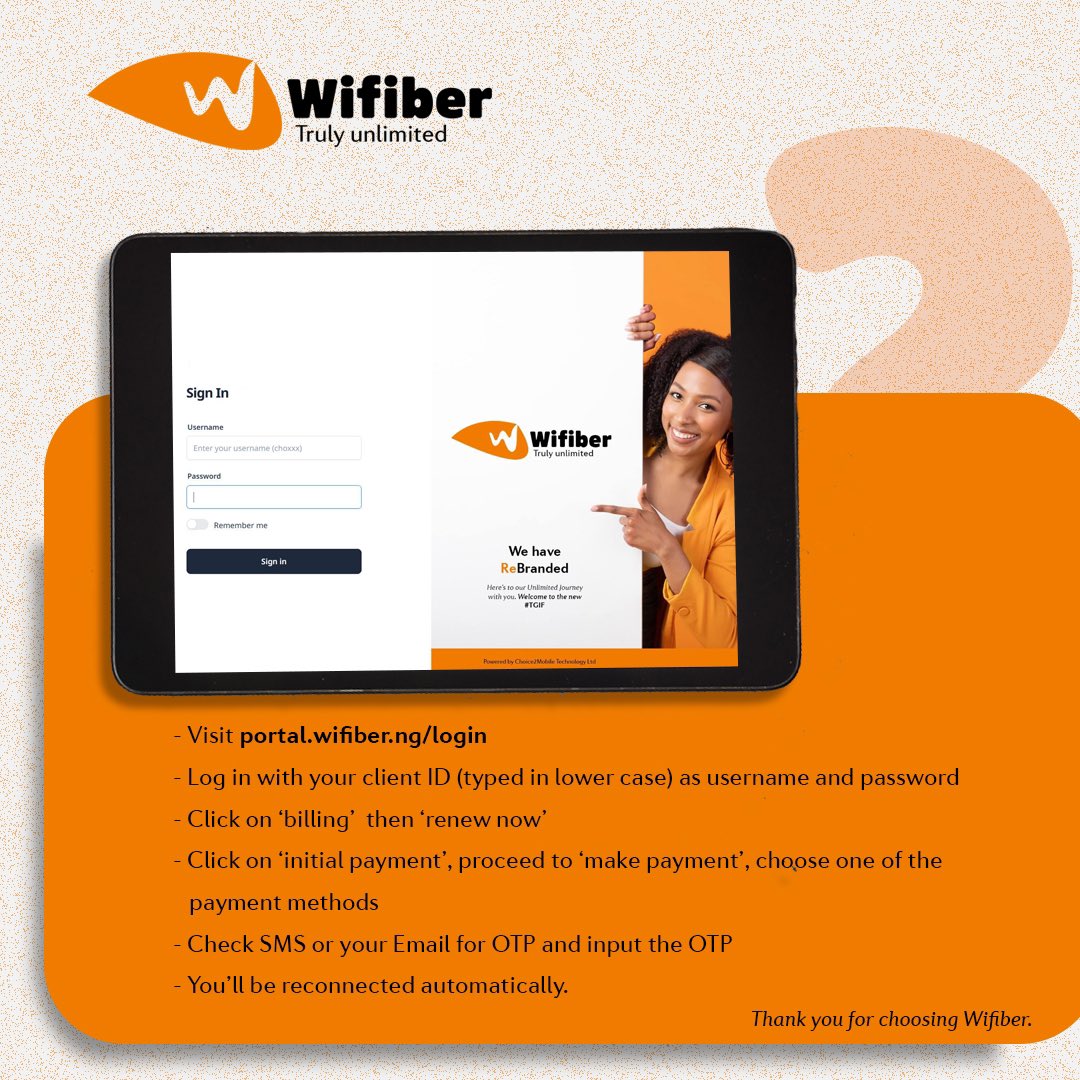 mywifiber's tweet image. Need to renew your Wifiber subscription?
You can now do it stress-free with our self-service portal.
📲 Visit: portal.wifiber.ng/login with your service id.
No calls. No wait time. Just pure convenience.
 #WifiberFAQ #SelfService #InternetMadeEasy #LevelUpWithWifiber