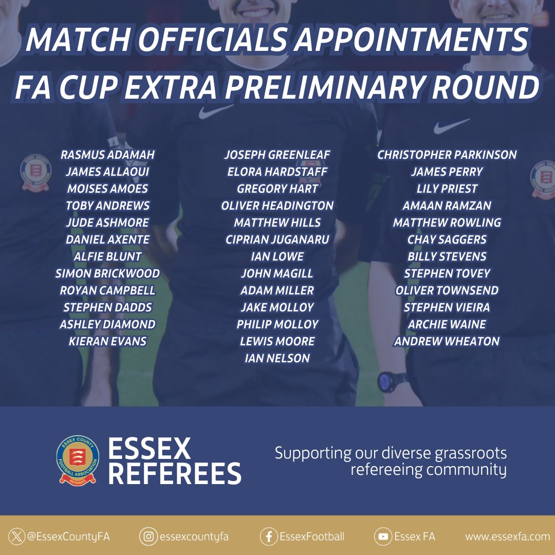 EssexReferees's tweet image. Congratulations to the 3⃣7⃣ @EssexCountyFA match officials who have been appointed by @FARefereeing to the Extra Preliminary Round of the @EmiratesFACup 👏