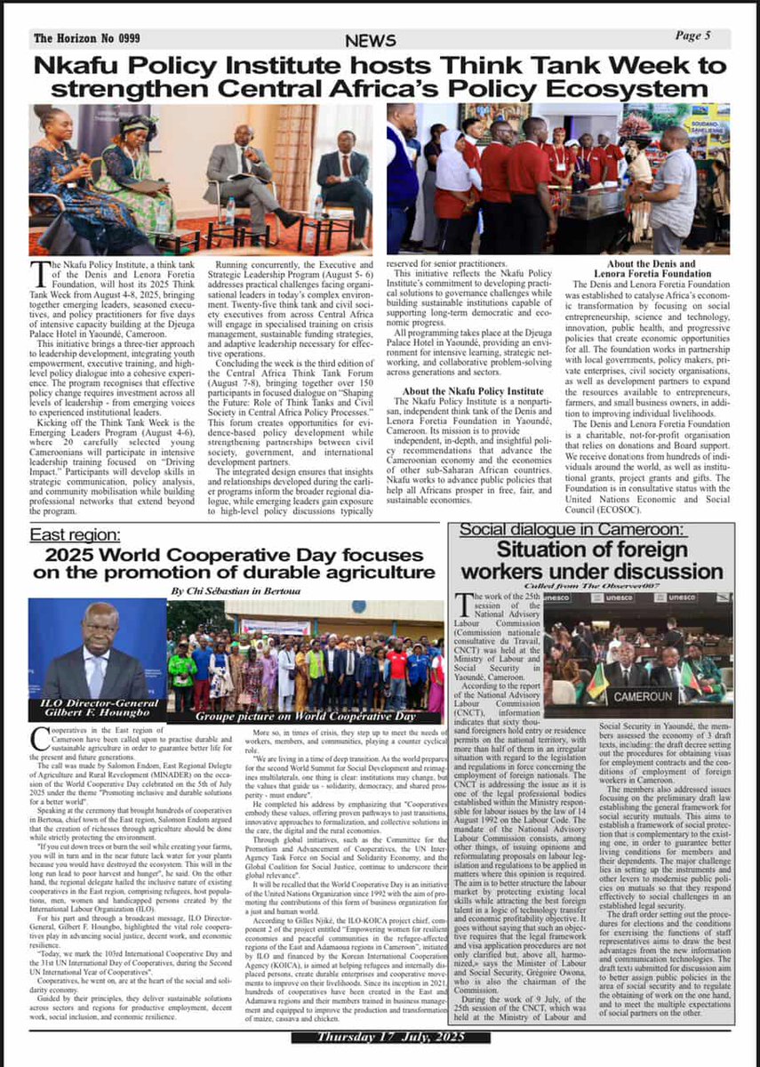 NkafuPolicyInst's tweet photo. Our upcoming #2025ThinkTankWeek August 4–8, 2025, in Yaoundé, is being featured in national #press. This five-day event series will unite over 150 changemakers across Central Africa in a movement to shape the region’s future.
📰https://t.co/Nl5JvCllQs 
📰https://t.co/EsZ42vglGs https://t.co/NxtOBOnpIq