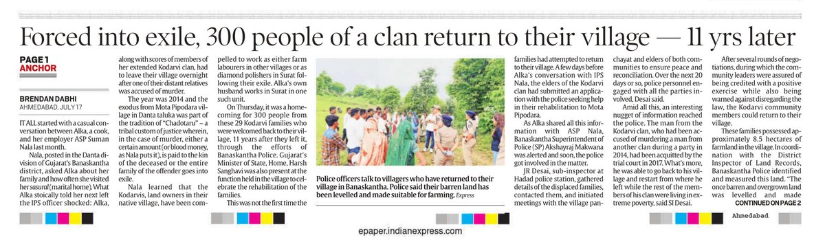 It was a tale of woe narrated by a cook to an IPS officer while making dinner that helped 300 members of the Kodarvi clan in Gujarat return to their native village after an exile of more than a decade owing to the Blood Feud.

Read: indianexpress.com/article/cities…

<a href="/IndianExpress/">The Indian Express</a>
