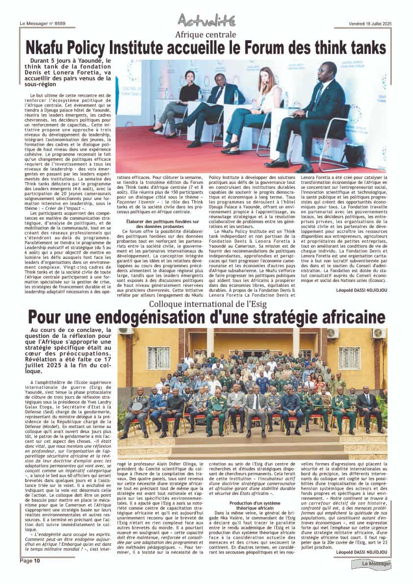NkafuPolicyInst's tweet photo. Our upcoming #2025ThinkTankWeek August 4–8, 2025, in Yaoundé, is being featured in national #press. This five-day event series will unite over 150 changemakers across Central Africa in a movement to shape the region’s future.
📰https://t.co/Nl5JvCllQs 
📰https://t.co/EsZ42vglGs https://t.co/NxtOBOnpIq