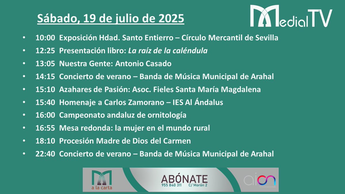 #Programación #MedialTV📺 | Sábado, 19 de julio. Estos son nuestros contenidos para hoy:

No te lo pierdas.