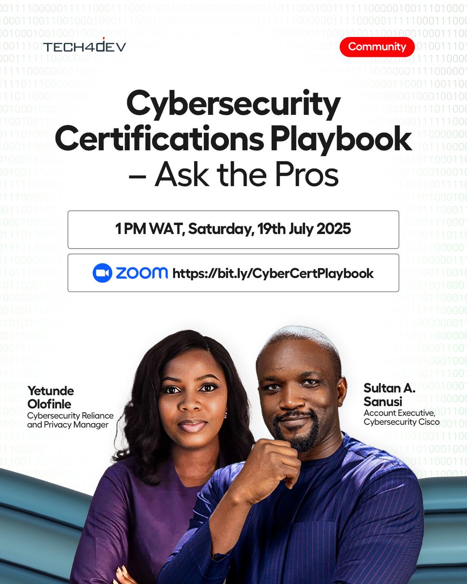 Tech4DevHQ's tweet image. Thinking about a career in cybersecurity but not sure which certifications to take or when?
Join us for a free expert-led session on how to navigate your cybersecurity certification journey, what to take, when to take it, and how to align it with your career goals.
• Date:…