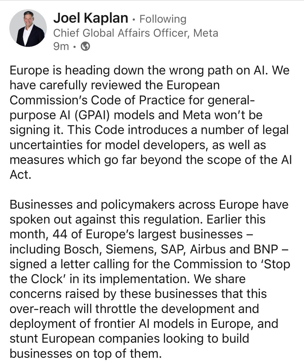 BertuzLuca's tweet image. Meta will not sign the EU code of practice for general-purpose AI models.