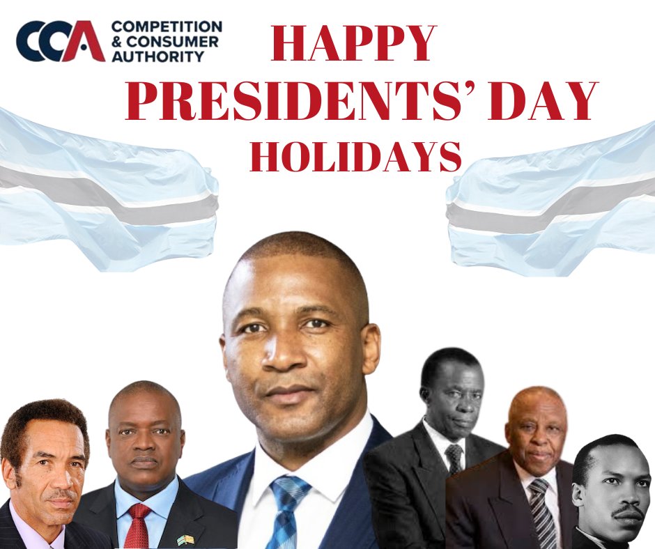 Competition & Consumer Authority Botswana (@ccabotswana) on Twitter photo The <a href="/CCABotswana/">Competition & Consumer Authority Botswana</a> offices in Gaborone and Francistown are now closed for the Presidents' Day holidays. Normal business resumes on Wednesday 23rd July at 8am. We wish you happy and safe holidays! The <a href="/CCABotswana/">Competition & Consumer Authority Botswana</a> offices in Gaborone and Francistown are now closed for the Presidents' Day holidays. Normal business resumes on Wednesday 23rd July at 8am. We wish you happy and safe holidays!