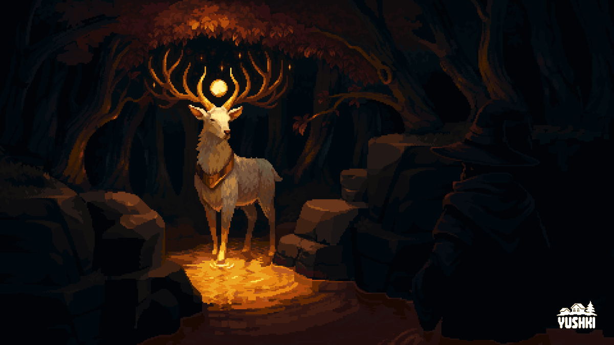 YushkiArtDev's tweet photo. You enter a glade. 
A radiant stag blocks your path. 
What do you do?🦌🧙‍♂️

#yushkiart #pixelart #aseprite #ドット絵 #spriteart https://t.co/Gkt8TRbBXa