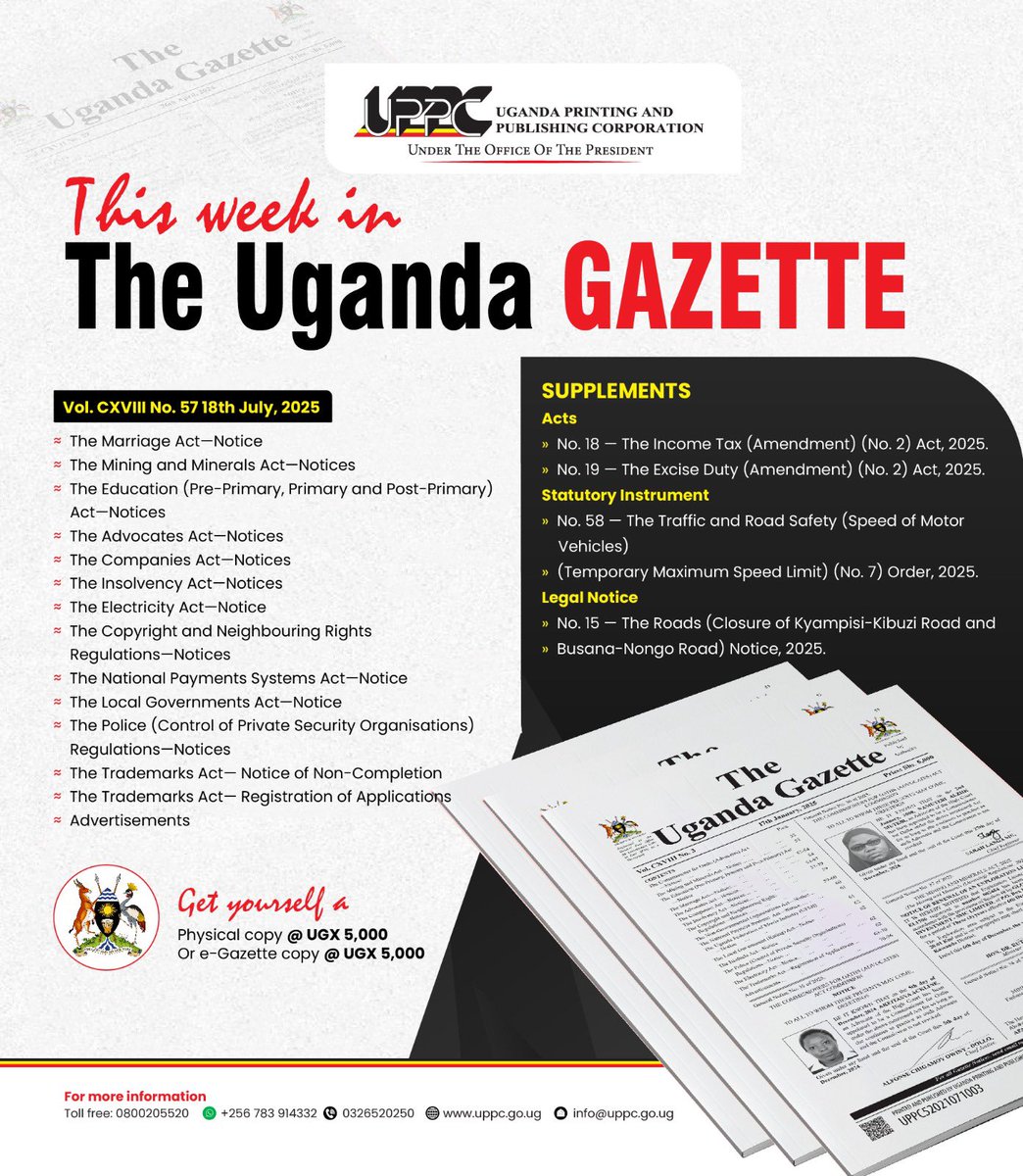 UgandaGazette's tweet image. This week in the Uganda Gazette!
portal.uppc.go.ug
#UgandaGazette