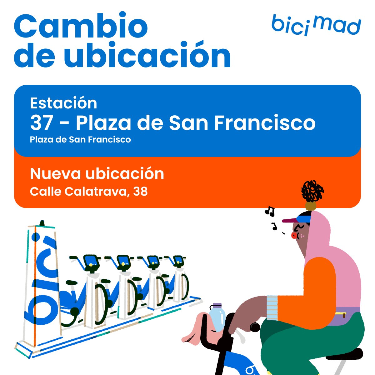 ⚠️ Info de servicio #bicimad

📍 Desde hoy, nuestra estación 37 se ubica en calle Calatrava, 38.

🔙 Anteriormente se encontraba en la plaza de San Francisco.
