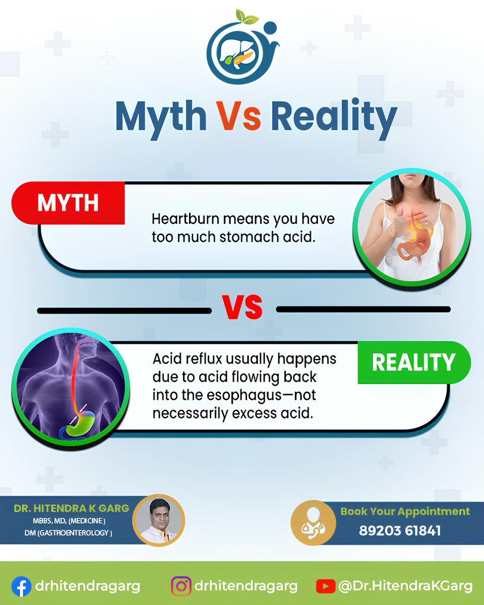 DrHitendraKGarg's tweet image. Myth vs Reality: Understanding Heartburn
Many believe that heartburn is caused by too much stomach acid.
#HeartburnFacts #AcidRefluxAwareness #DigestiveHealth #Gastroenterology #DrHitendraKGarg #MythVsReality #GutHealth #DelhiDoctors #StomachCare