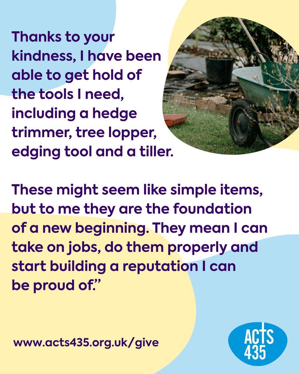acts435's tweet image. Generosity can have a real impact on someone.
After being released from prison, this individual wanted to do something positive with their life. Thanks to the generosity of Acts 435 donors they have been able to buy gardening equipment so they can set up a gardening business.