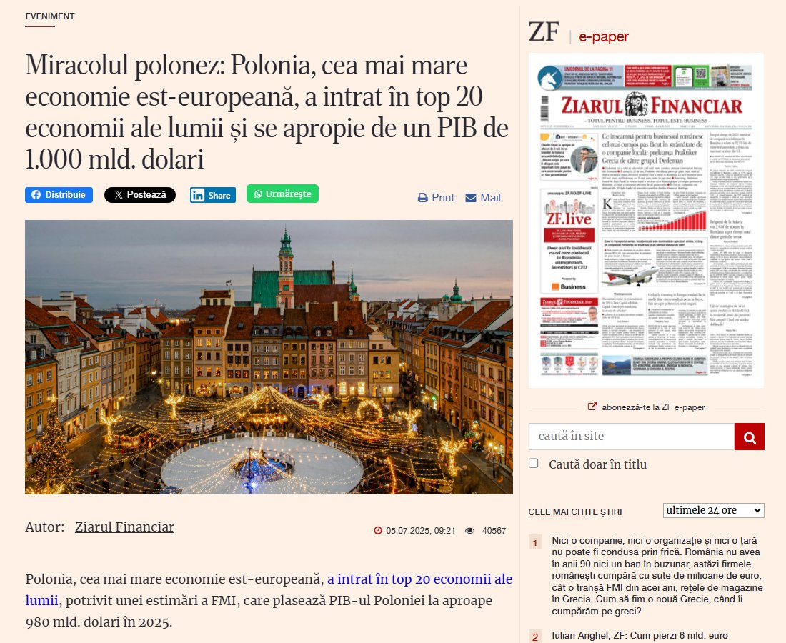 Rumuński Ziarul Financiar (Dziennik Finansowy) 📊, czołowe pismo ekonomiczne w kraju 🇷🇴, pisze o "polskim cudzie" 🇵🇱, którego najlepszą egzemplifikacją jest fakt, że nasz kraj – będący największą gospodarką wschodnioeuropejską (pomijając oczywiście Rosję) 🌍 – w tym roku wejdzie