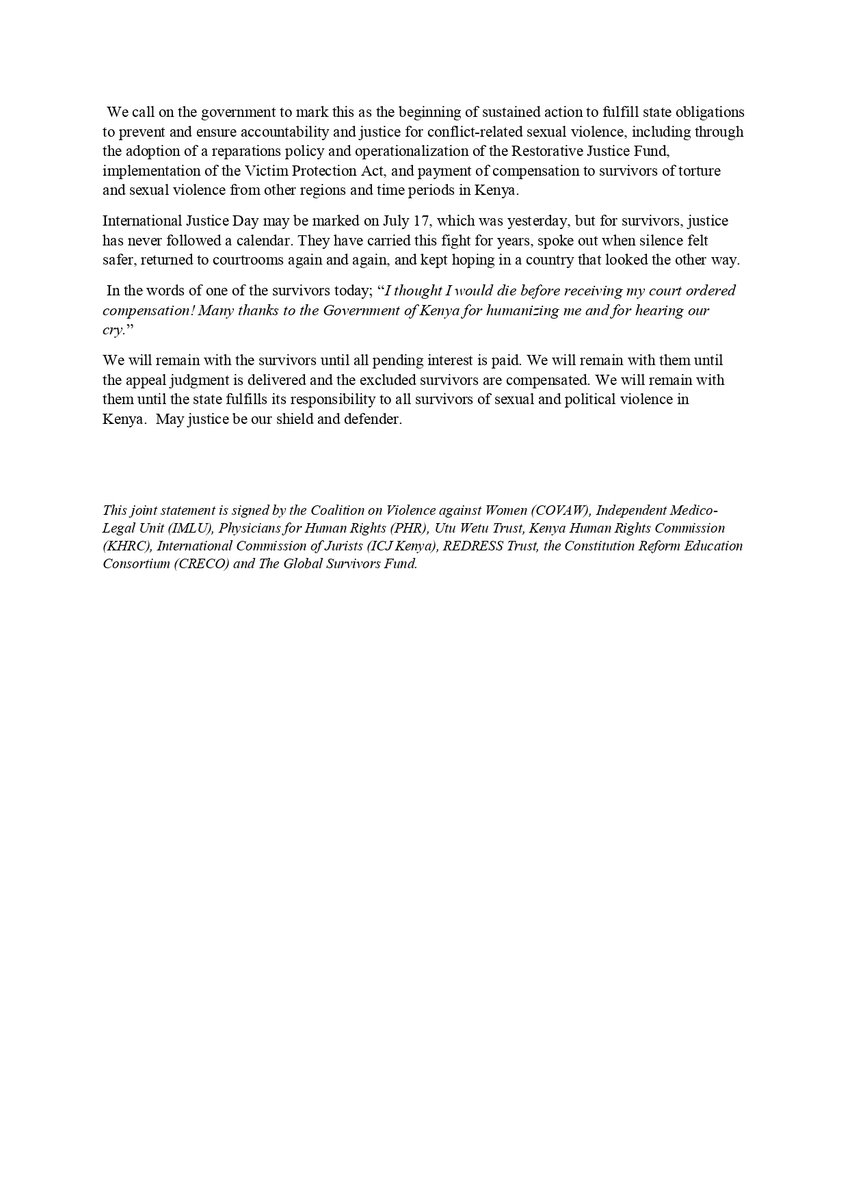ICJKenya's tweet image. In a historic move, the Government of Kenya has paid 16 million Kenyan shillings (approx. USD $124,000) in compensation to four of the eight survivors of sexual violence in Petition 122 of 2013 marking the first time in Kenya’s history that survivors of conflict-related sexual…