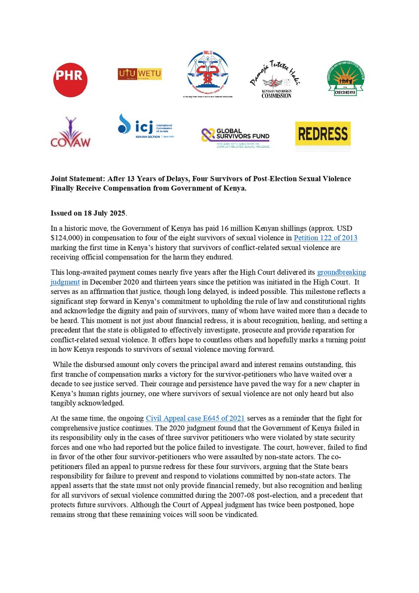 ICJKenya's tweet image. In a historic move, the Government of Kenya has paid 16 million Kenyan shillings (approx. USD $124,000) in compensation to four of the eight survivors of sexual violence in Petition 122 of 2013 marking the first time in Kenya’s history that survivors of conflict-related sexual…