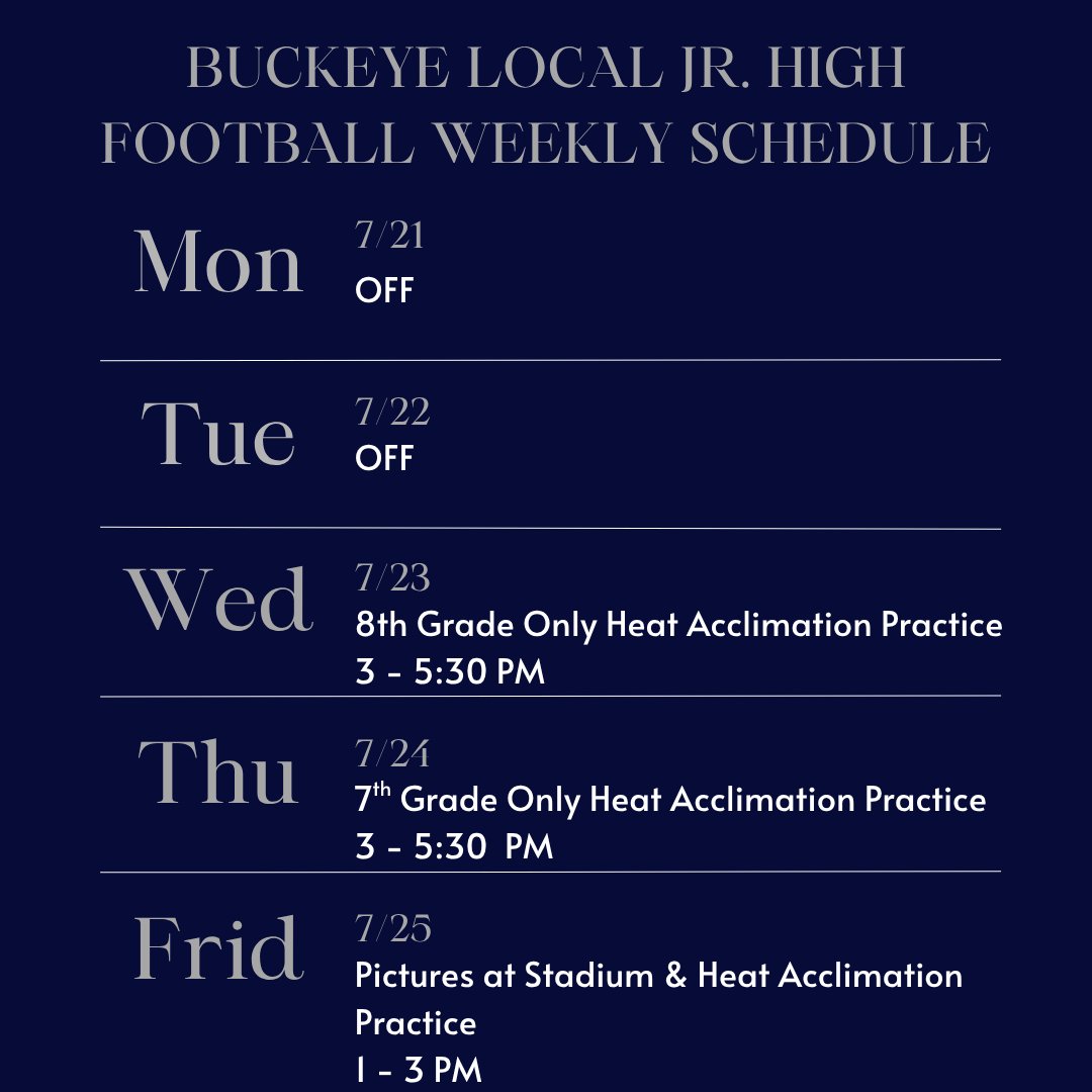 High School and Jr High Schedules for the week!
Please check the remind app to see the fall camp expectations document that was sent out!
If you have not joined the Remind App yet, here are codes!
High School Parents Remind Code: @blhsfbp25
Jr. High Parents Remind Code: @bljhfb25