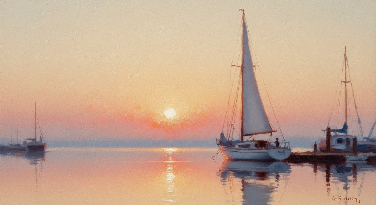 fjamil143's tweet photo. At dawn, even the stillest boat dreams of open seas, bathed in whispers of pink and ivory light.
#Impressionism #DawnQuote #ArtInWords #SereneMornings #AIart  #AIArtistCommunity #AIArtCommuity https://t.co/hF7gGwPRXC