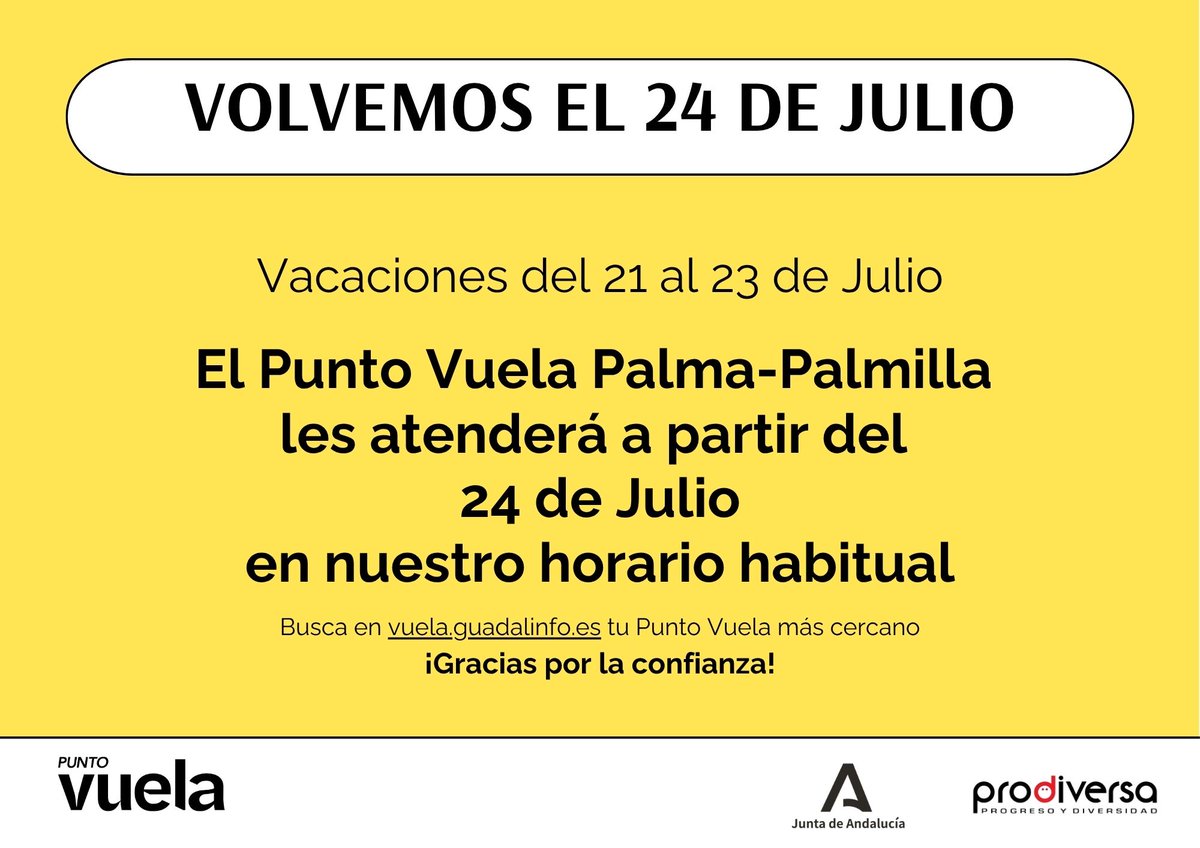 Punto Vuela PalmaPalmilla (@pvpalmapalmilla) on Twitter photo La semana que viene estaremos unos días de vacaciones ¡Volvemos el 24 de julio para atenderles en nuestro horario habitual! <a href="/PuntosVuela/">Puntos Vuela</a> <a href="/Manuel_DT/">Manuel Rodríguez</a> <a href="/Prodiversa/">PRODIVERSA</a> La semana que viene estaremos unos días de vacaciones ¡Volvemos el 24 de julio para atenderles en nuestro horario habitual! <a href="/PuntosVuela/">Puntos Vuela</a> <a href="/Manuel_DT/">Manuel Rodríguez</a> <a href="/Prodiversa/">PRODIVERSA</a>