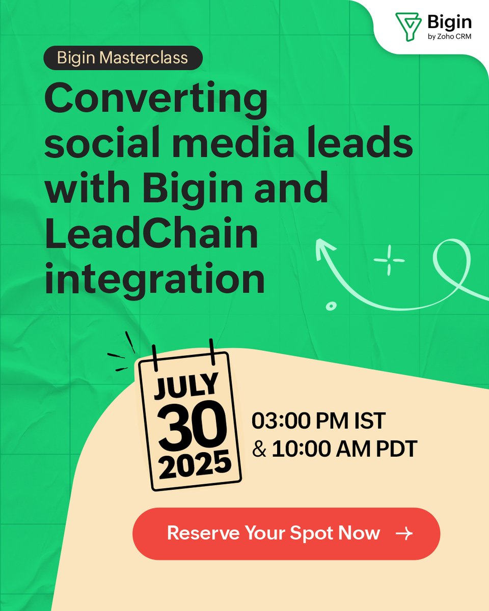 Bigin's tweet image. We’re back with an all-new masterclass, and this one’s all about taking the manual work out of your lead management. 🔧
Learn how to sync leads from Meta Facebook, Instagram, LinkedIn and TikTok directly into Bigin in real time.
🎟️ Register for free: zurl.co/fTmx2