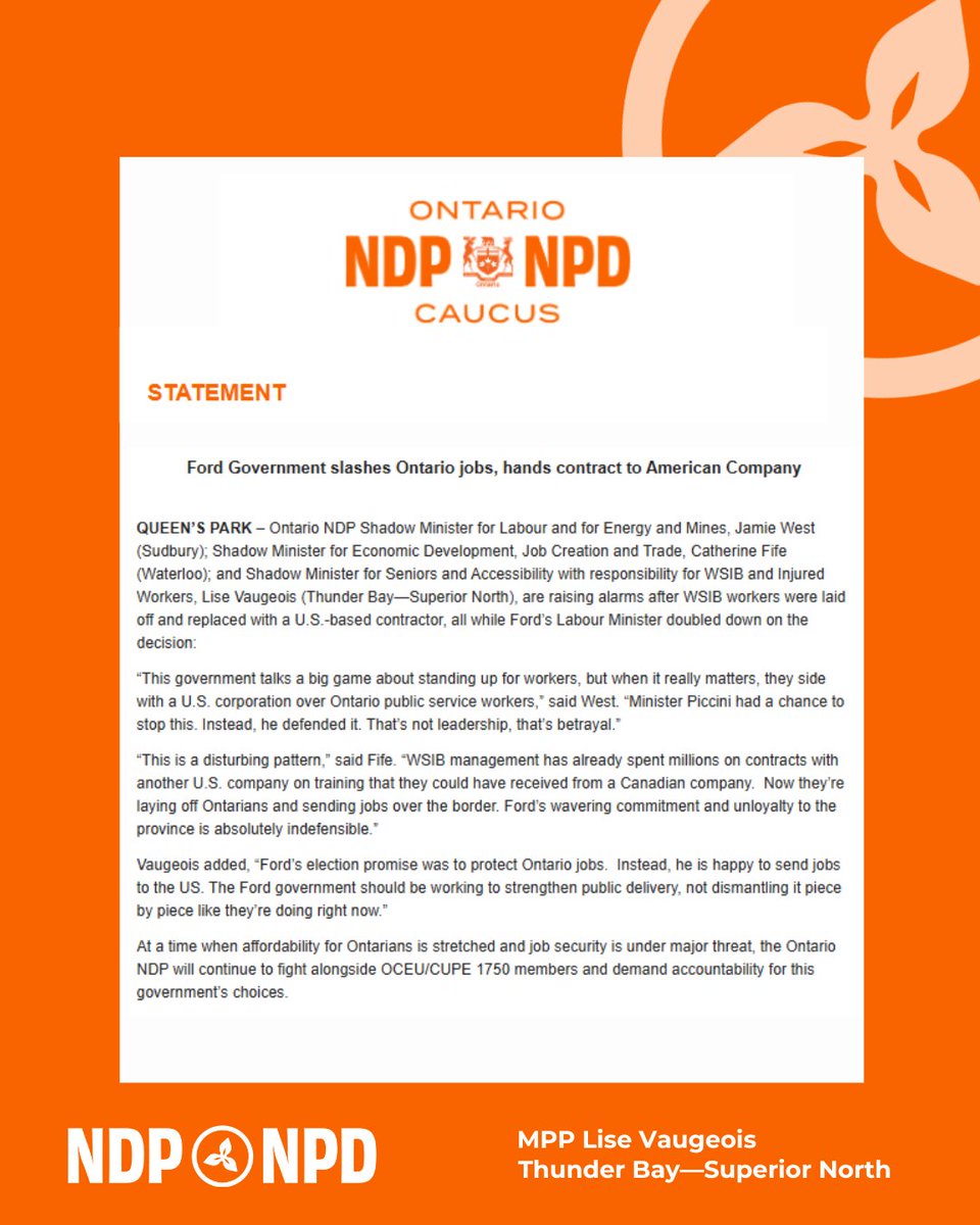 Lise Vaugeois (@lisevaugeois) on Twitter photo Doug Ford’s WSIB just laid off <a href="/OCEU1750/">OCEU CUPE 1750</a> workers and handed their jobs to a U.S. contractor—while the Labour Minister watched on.
Promises to protect Ontario workers mean nothing if your government sides with corporate America over its own people.
#ONpoli Doug Ford’s WSIB just laid off <a href="/OCEU1750/">OCEU CUPE 1750</a> workers and handed their jobs to a U.S. contractor—while the Labour Minister watched on.
Promises to protect Ontario workers mean nothing if your government sides with corporate America over its own people.
#ONpoli