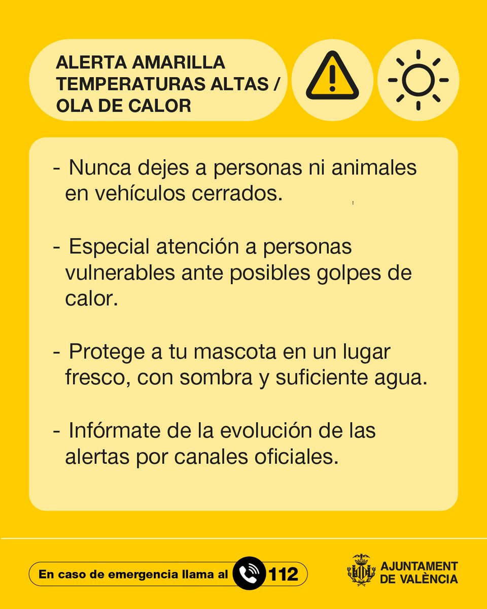 ⚠️ Hoy viernes, continuamos con la alerta amarilla 🟡 por temperaturas máximas, establecida por <a href="/GVA112/">Emergències 112CV</a> en todo el término municipal de #València. 

Atención a las recomendaciones ⬇️