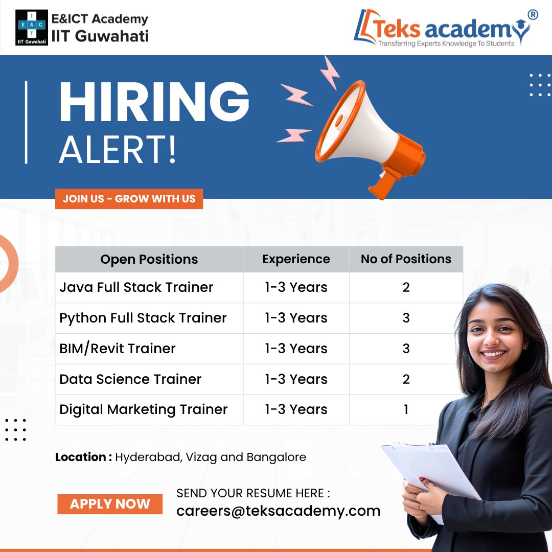 TeksAcademy's tweet photo. HIRING ALERT – JOIN OUR GROWING TEAM
#hiring #hiringnow #HiringAlert #TrainerJobs #TeksAcademy #JavaTrainer #PythonTrainer #BIMTrainer #DataScienceTrainer #DigitalMarketingTrainer #JobOpening #EdTechCareers #TrainerHiring #Hyderabad #Vizag #Bangalore #ApplyNow #hirings #trainer https://t.co/dxWV22GJwS