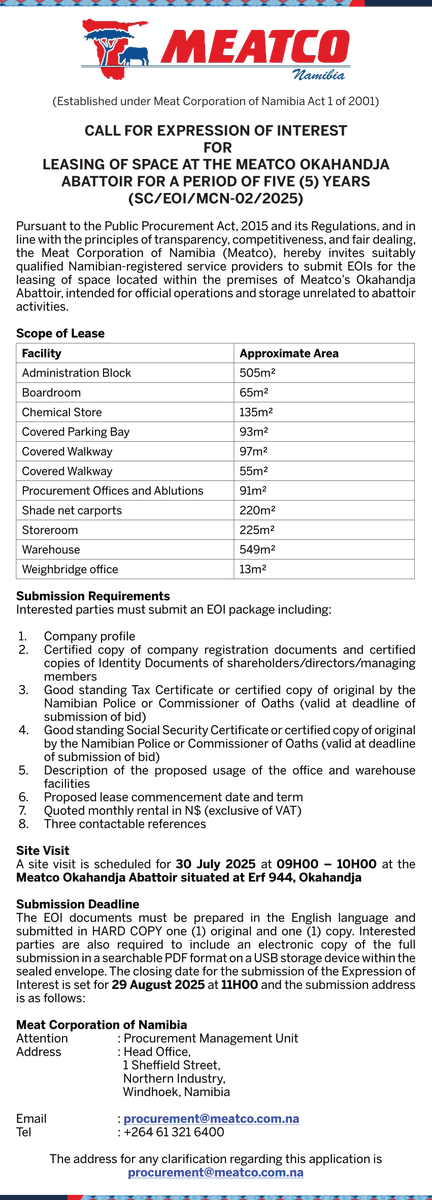 Meatco invites Expressions Of Interest.
#MeatCo4Nam #EOI #LeasingOkahandjaAbattoir