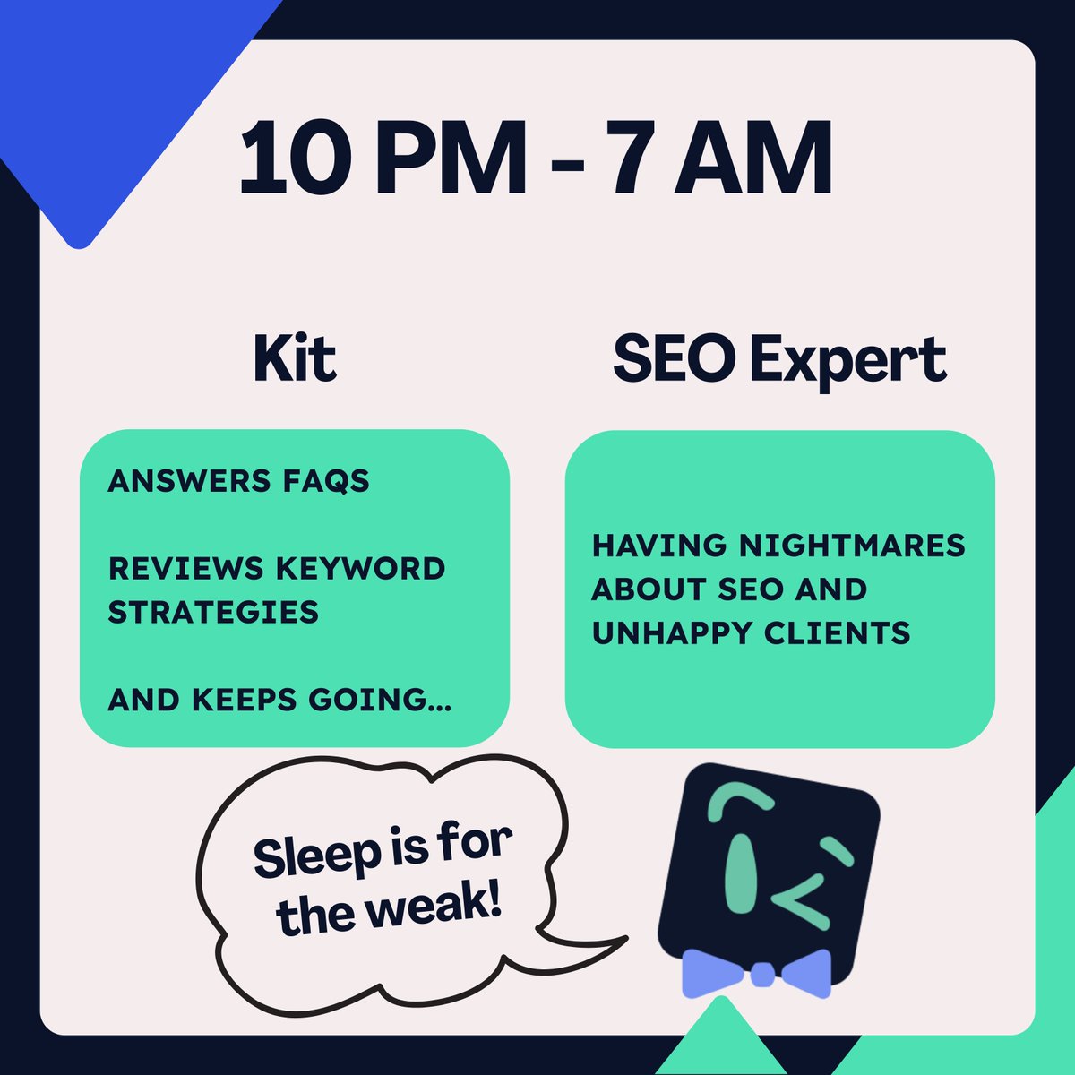 Ever feel like your SEO tasks take a backseat to… well, everything else?

☕ Procrastination.
📱 Doomscrolling.
🧠 Overwhelm.
🧹 Cleaning the kitchen instead of fixing title tags.

Meanwhile, Kit — our AI SEO Agent — is quietly working across dozens (even hundreds) of websites