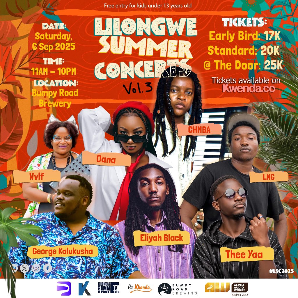 Kwenda.Co (@kwendaco) on Twitter photo ๐๐ฅLilongwe Summer Concert is back!
Live music, art, food & vibes!
With Chmba, Oana, Eliyah Black, Thee Yaa, LNG, George Kalukusha & Wvlf
๐
Sat 6 Sept
๐11AM
๐Bumpy Road Brewery
๐Get your tickets on kwenda:
๐ฒDial *495# or click ๐๐ฝ kwenda.co/events/00c4423โฆ
See you there!๐ฅ ๐๐ฅLilongwe Summer Concert is back!
Live music, art, food & vibes!
With Chmba, Oana, Eliyah Black, Thee Yaa, LNG, George Kalukusha & Wvlf
๐
Sat 6 Sept
๐11AM
๐Bumpy Road Brewery
๐Get your tickets on kwenda:
๐ฒDial *495# or click ๐๐ฝ kwenda.co/events/00c4423โฆ
See you there!๐ฅ