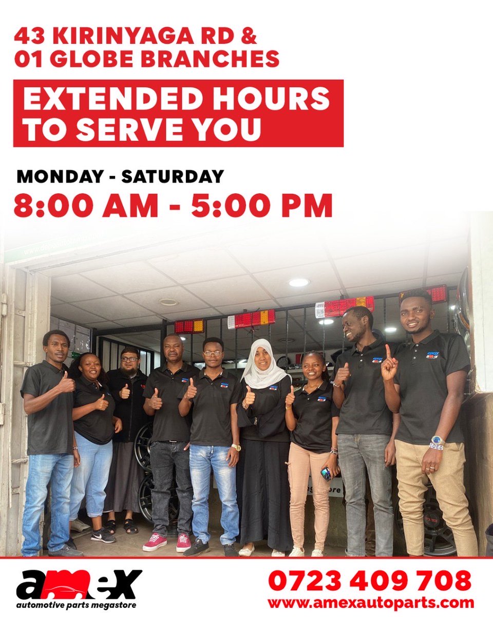 Great news! Our 01 Globe and 43 Kirinyaga Road branches are now open for extended hours to serve you better. Karibu Amex Auto Parts!

#AmexAutoParts #LightingParts #CoolingParts #BodyParts