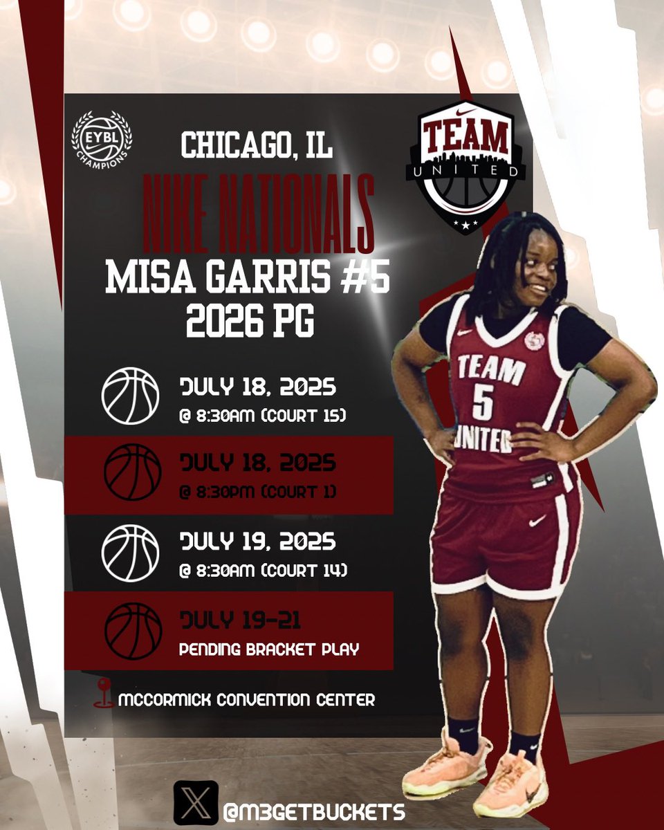 Misa Garris (@m3getbuckets) on Twitter photo Last one best one! Here we go <a href="/TUGirlsBB/">Team United Girls</a>! Come catch us this weekend in Chicago at Nike Nationals. Games Saturday afternoon-Monday are TBD based on bracket play.
<a href="/CoachACal/">Adrian Calhoun</a> <a href="/Coach_OllieK/">Coach Ollie 🏁🇨🇩</a> <a href="/Coach_Jiann/">Jiann Tate</a> <a href="/qghsgirlsbball/">Queens Grant Wbb</a> Last one best one! Here we go <a href="/TUGirlsBB/">Team United Girls</a>! Come catch us this weekend in Chicago at Nike Nationals. Games Saturday afternoon-Monday are TBD based on bracket play.
<a href="/CoachACal/">Adrian Calhoun</a> <a href="/Coach_OllieK/">Coach Ollie 🏁🇨🇩</a> <a href="/Coach_Jiann/">Jiann Tate</a> <a href="/qghsgirlsbball/">Queens Grant Wbb</a>