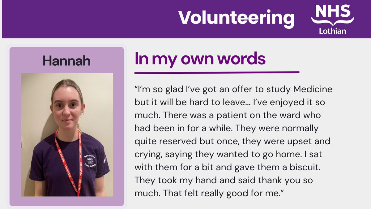 NHSLothian-Volunteering (@nhslvolunteers) on Twitter photo #volunteer Hannah is leaving to study medicine after successfully gaining an offer. Well done Hannah and come back and see us when you are qualified. Thank You <a href="/NHS_Lothian/">NHS Lothian</a> <a href="/RIE_Lothian/">Royal Infirmary of Edinburgh</a> #FeelGoodFriday #volunteer Hannah is leaving to study medicine after successfully gaining an offer. Well done Hannah and come back and see us when you are qualified. Thank You <a href="/NHS_Lothian/">NHS Lothian</a> <a href="/RIE_Lothian/">Royal Infirmary of Edinburgh</a> #FeelGoodFriday