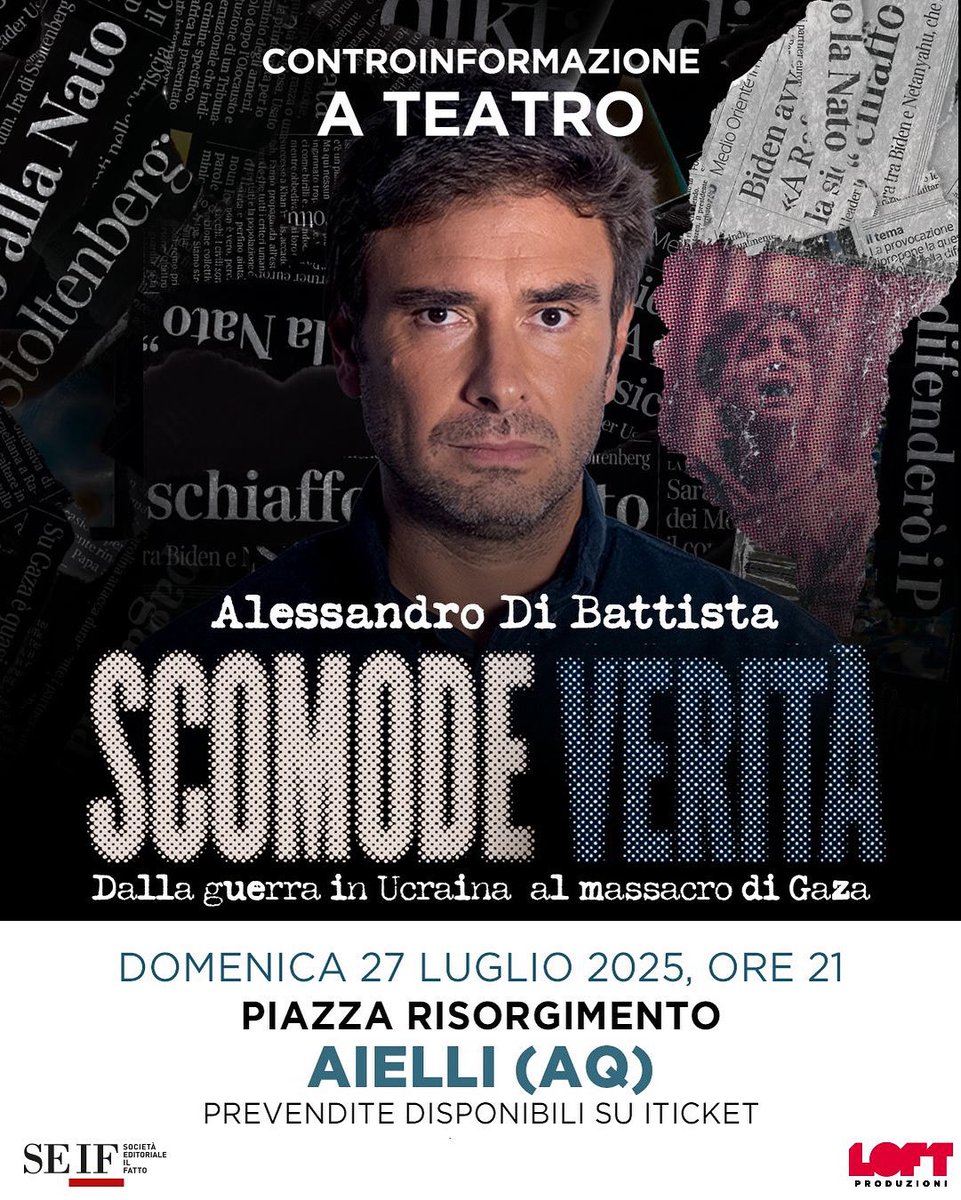 ale_dibattista's tweet image. Domenica 27 luglio sarò ad AIELLI (L’Aquila). Alle 21.00 in piazza Risorgimento sarò in scena con il mio monologo teatrale “Scomode verità. Dalla guerra in Ucraina al massacro di Gaza”. I biglietti potete farli qui 👉 i-ticket.it/eventi/alessan…
Vi aspetto!
