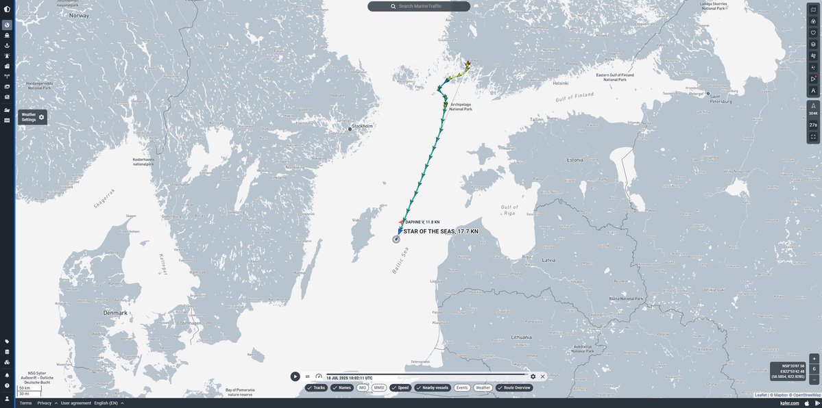 MarineTraffic's tweet image. World’s largest cruise ship Star of the Seas sets sail from Turku

The Star of the Seas has officially joined Royal Caribbean’s fleet. Delivered by Meyer Turku shipyard in southwest Finland after nearly two years of construction, she set sail on 17 July and is now en route to…
