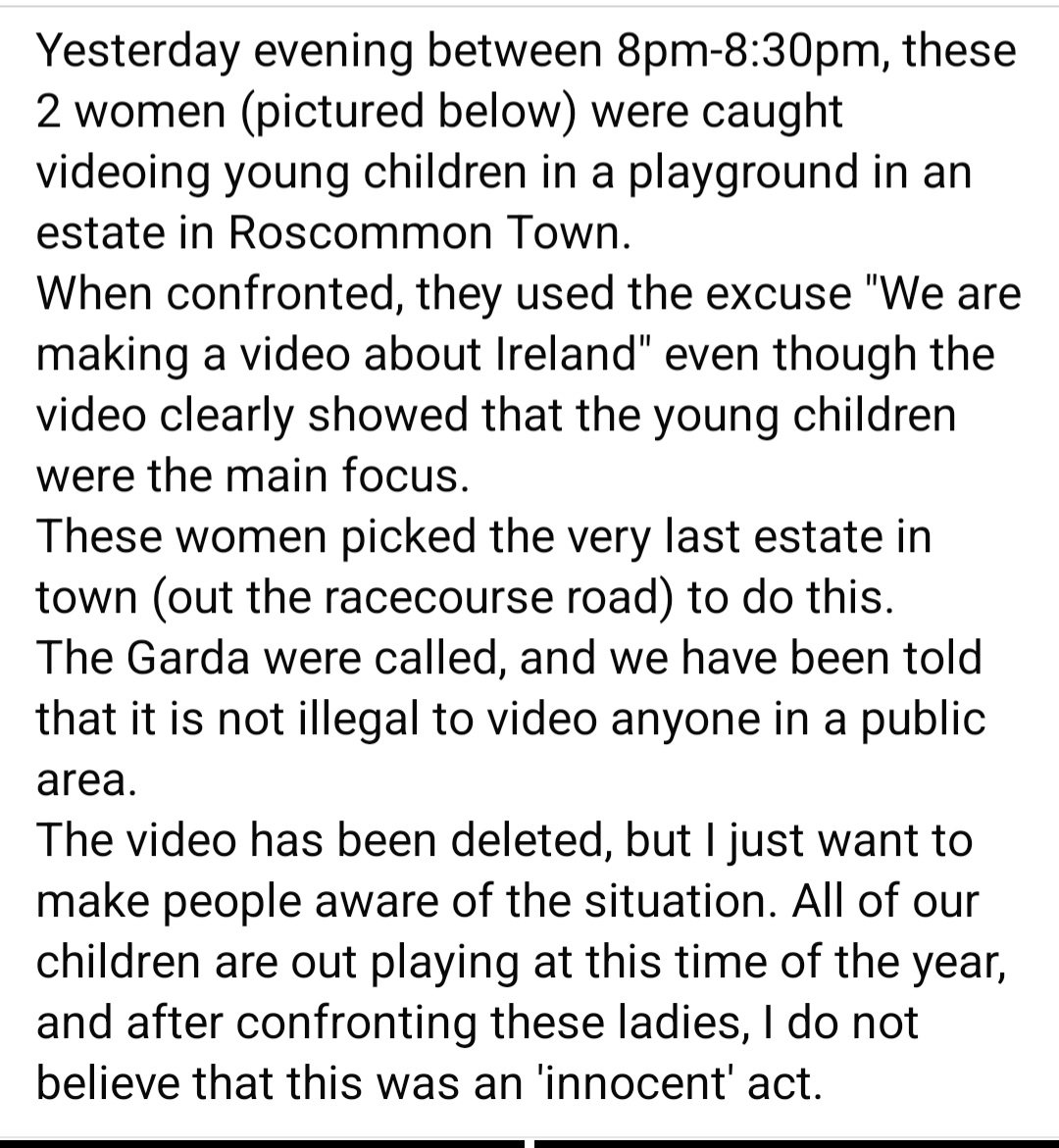 AmyIrish19's tweet photo. These women were caught videoing children in Roscommon Town yesterday evening... 
#roscommon https://t.co/SpRWhUE2fJ